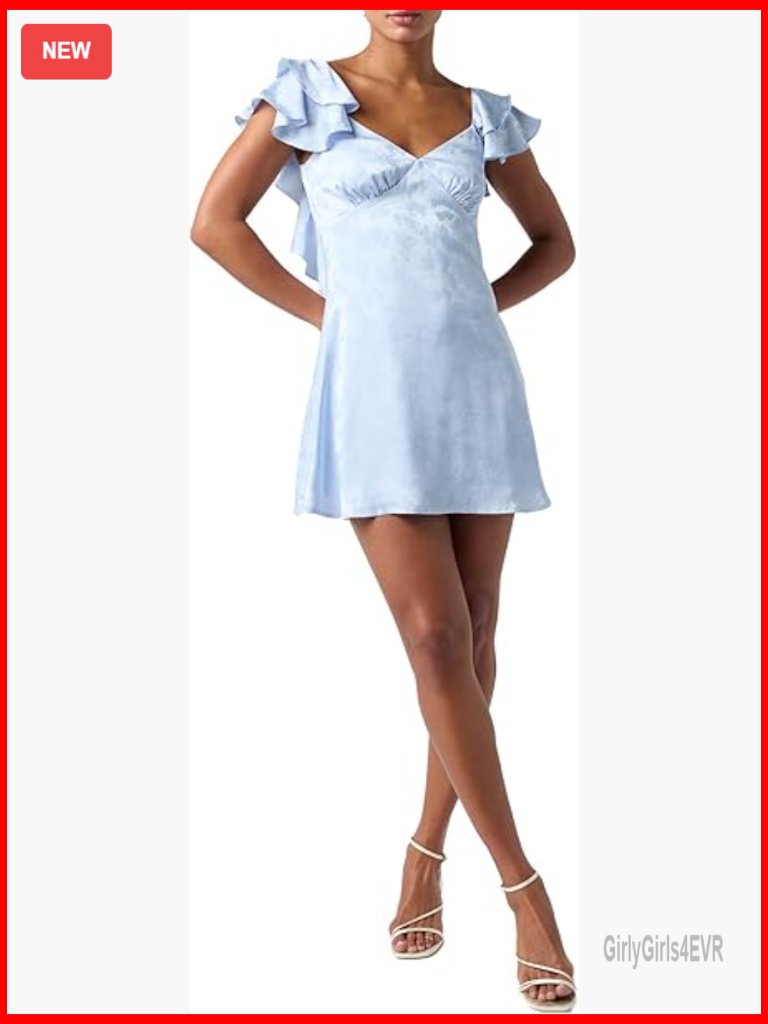 Flutter Sleeve Satin Jacquard Mini Dress V-Neck Gathered Bust Slip-Style Back